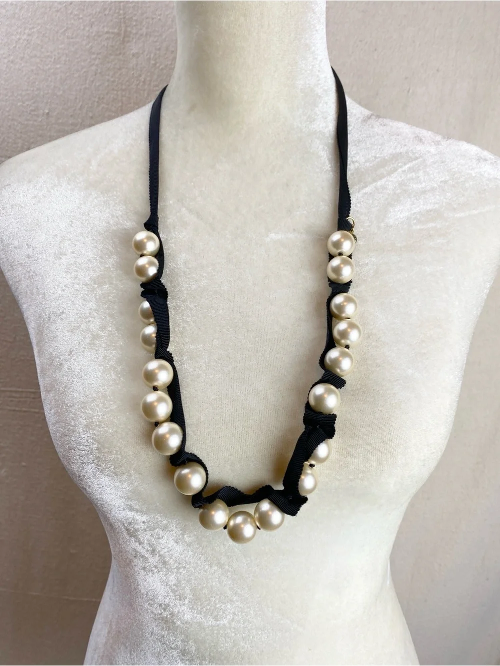 J Crew large Faux Pearl Black Grosgrain Ribbon Necklace
